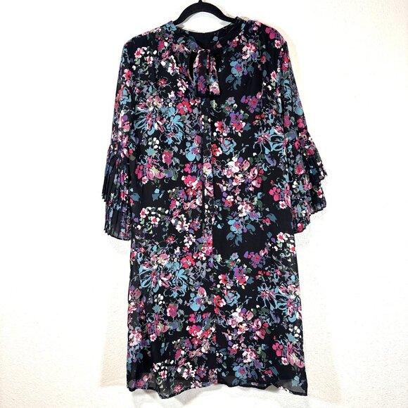 Sharagano 16W Black Floral Chiffon Shift Dress Tiered Sleeve Plus Size Boho - Picture 6 of 14